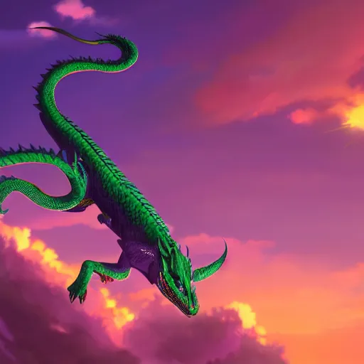 Image similar to serpentine dragon flying through the purple sunset sky, volumetric lighting, highly detailed, 4k, anime scenery by Makoto Shinkai.