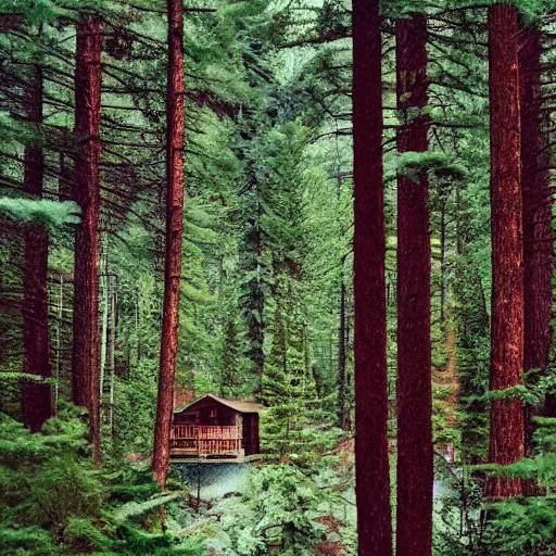 Image similar to cabin in the woods, pine trees, hyper realistic, national geographic cover, photograph, f 8. 0, 3 2 mm, polaroid