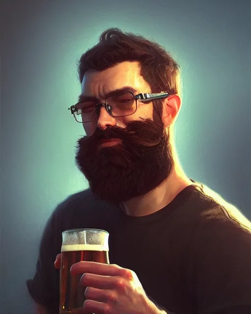 Image similar to a bearded man wearing a vr set & drinking a beer, real life skin, intricate, highly detailed, artstation, concept art, smooth, sharp focus, art by artgerm and greg rutkowski