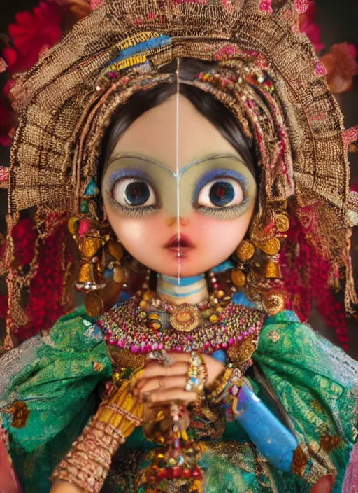 Image similar to closeup portrait of tin toy india sari girl trap, depth of field, zeiss lens, detailed, symmetrical, centered, fashion photoshoot, by nicoletta ceccoli, mark ryden, lostfish, breathtaking, 8 k resolution, extremely detailed, beautiful, establishing shot, artistic, hyperrealistic, octane render