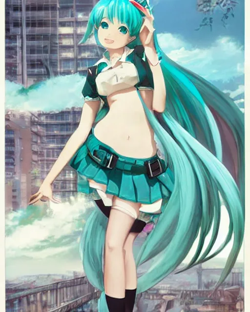 Image similar to Hatsune Miku full body pin up modeling in idol unioform, with a park in the back ground, post war style, detailed face, american postcard art style, by Krenz Cushart and Randolph Stanley Hewton and Charlie Bowater