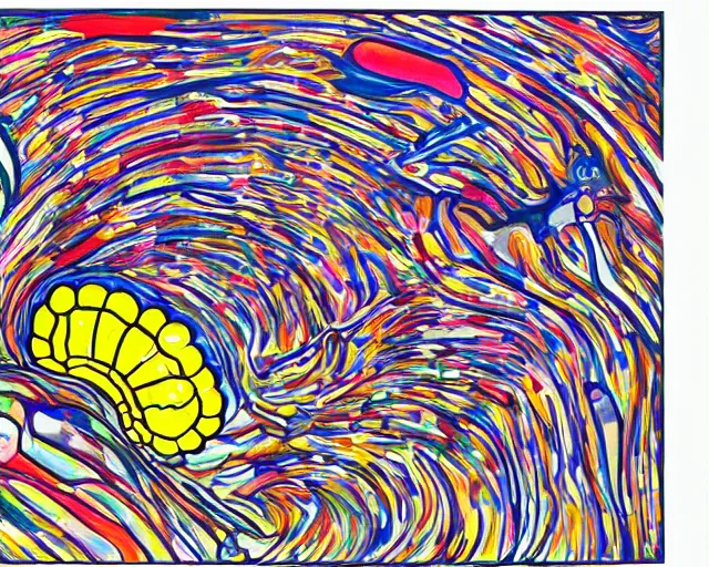 Image similar to The fundamental structure of matter. DMT. Wild energy patterns. Edvard Munch. David Hockney. Takashi Murakami. Minimalist.