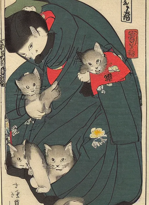Prompt: a cat with 2 baby cats of utagawa hiroshige