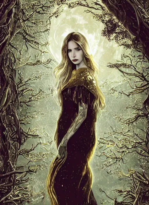 Image similar to glowing silver and golden elements, full close-up portrait, mixture of Emma Roberts, Sairone Miller, Elizabeth Brown Millerstone and Ryan Gosling as a dark witch, book cover, green forest, white moon, red lips, establishing shot, extremly high detail, photo-realistic, cinematic lighting, pen and ink, intricate line drawings, by Yoshitaka Amano, Ruan Jia, Kentaro Miura, Artgerm, post processed, concept art, artstation, matte painting, style by eddie mendoza, raphael lacoste, alex ross