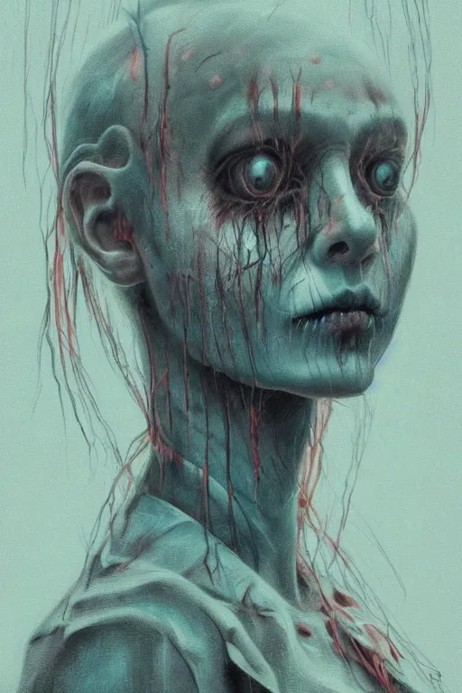 Image similar to crayon cartoon grunge portrait of a creepy horror nurse girl . intricate abstract. intricate artwork. nightmare fuel. terrifying. by zdzisław Beksiński, wlop, dan mumford , trending on artstation, greg rutkowski very coherent symmetrical artwork. cinematic, hyper realism, high detail, octane render, 8k