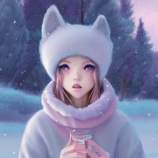 Image similar to aesthetic portrait commission of a furry husky with lavender and pastel pink colored cozy soft pastel winter outfit, short depth of field close up shot hyper-detailed, soft snowy winter Atmosphere. Character design by charlie bowater, ross tran, artgerm, and makoto shinkai, detailed, inked, western comic book art, 2021 award winning painting