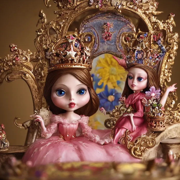 Prompt: closeup portrait of tin toy fairytale princess sitting on a throne wearing a crown eating cakes, depth of field, zeiss lens, detailed, symmetrical, centered, fashion photoshoot, by nicoletta ceccoli, mark ryden, lostfish, breathtaking, 8 k resolution, extremely detailed, beautiful, establishing shot, artistic, hyperrealistic, octane render