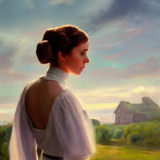 Image similar to Princess Leia, Swedish countryside, landscape view, archipelago, painting by Vladimir Volegov, wlop, artstation