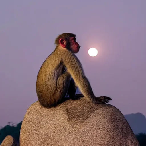 Image similar to photo of a meditating monkey on a chinese stone forest at night with the giant moon begind,
