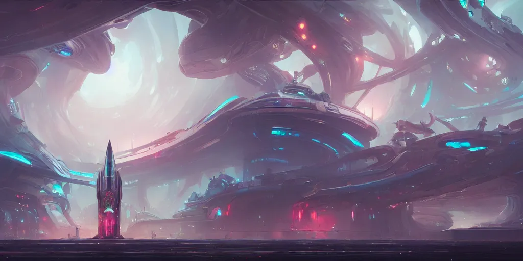 Prompt: alien futuristic space station, concept art by pete mohrbacher and artgerm and wlop and greg rutkowski, digital art, highly detailed, intricate, sci-fi, neon colors, sharp focus, Trending on Artstation HQ, deviantart, unreal engine 5, 4K UHD image
