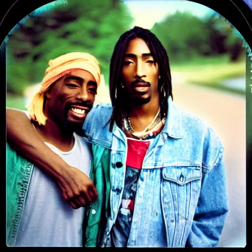 Image similar to Polaroid photograph of Kurt Cobain and Tupac Shakur, 90s, XF IQ4, 150MP, 50mm, F1.4, ISO 200, 1/160s, natural light, Adobe Lightroom, photolab, Affinity Photo, PhotoDirector 365,