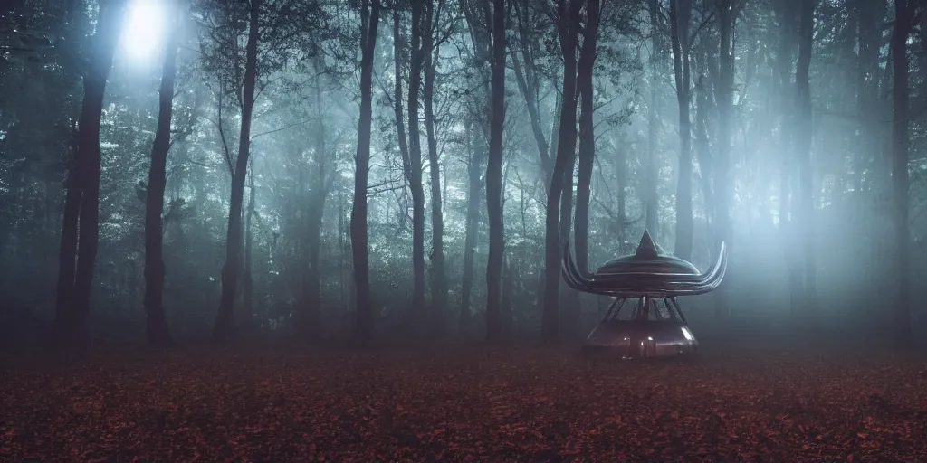 Prompt: an alien craft landed in the woods, shiny and metallic, night time, volumetric fog, wide shot, cinematic lighting, horror movie