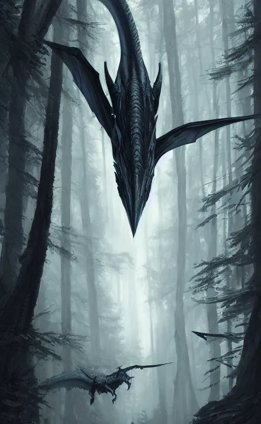 Prompt: a long wyvern in a dark forest, soft grey and dark blue natural light, intricate, digital painting, artstation, concept art, smooth, sharp focus, illustration, art by greg rutkowski and luis rollo and gil elvgren, symmetry!