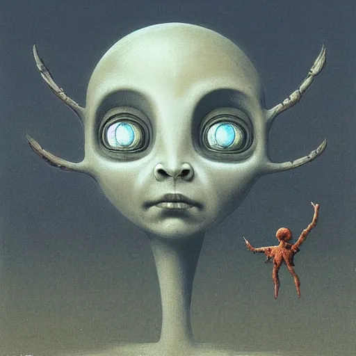 Image similar to cute girl alien meets human boy from Earth by Beksinski