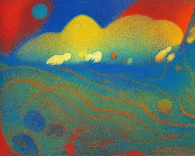 Image similar to An insane, modernist landscape painting. Wild energy patterns rippling in all directions. Curves, organic, zig-zags. Mountains, clouds. Rushing water. Waves. Psychedelic dream world. Odilon Redon. Peter Max.