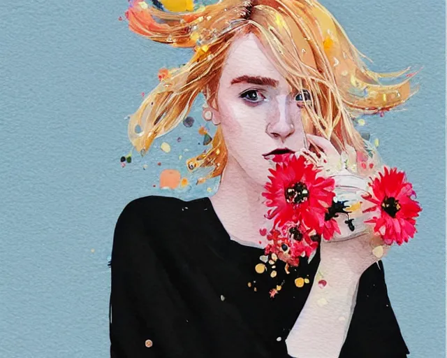 Prompt: pale young woman with bright blonde hair, freckles, bright eyes and a wide face, flowery dress, she is holding a professional dslr camera close to her face with one hand, dramatic lighting, bright flare, expressive, minimal watercolor art by conrad roset