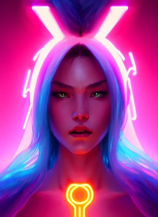 Image similar to beautiful neon woman, by greg rutkowski, symmetry, concept art by artgerm, distance render portrait of a hyper realistic, pixar, intense, epic, powerfull, alphonse mucha, octane render, highly detailed, high quality, 8 k, soft lighting, path traced, and uang guangjian and gil elvgren, symmetry!!