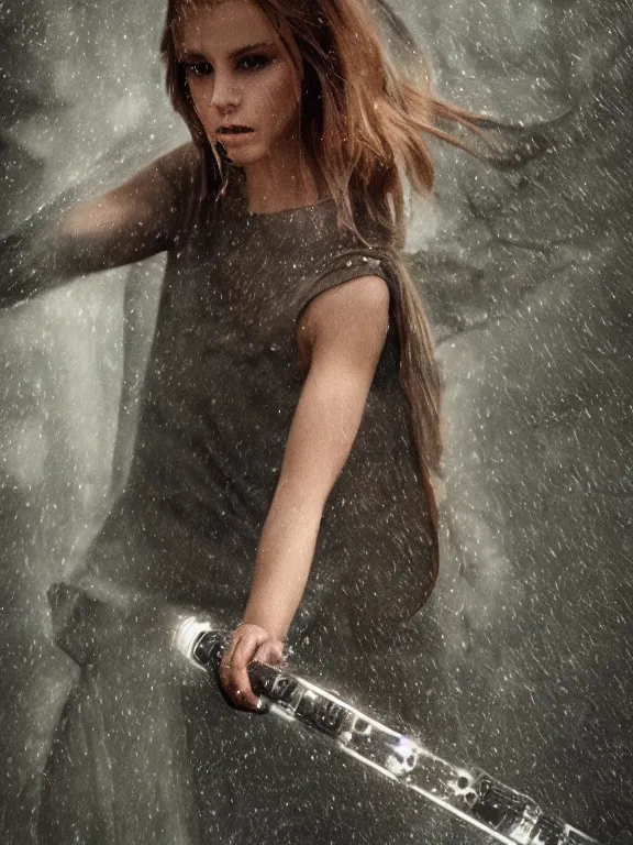 Image similar to cute model annie leonhart holding a lightsaber, beautiful face, detailed face, realistic eyes, pale skin, rule of thirds, cinematic lighting, rainy weather, melancholy atmosphere, volumetric light, realistic reflections, sharp focus, backlit, model agency, instagram photo, shot on sony a 7 iii, beauty filter, postprocessing