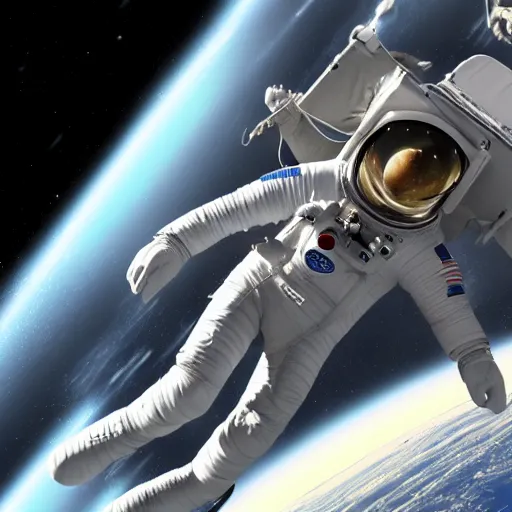 Image similar to 3 d render of an astronaut flying with nothing but space and stars around him,