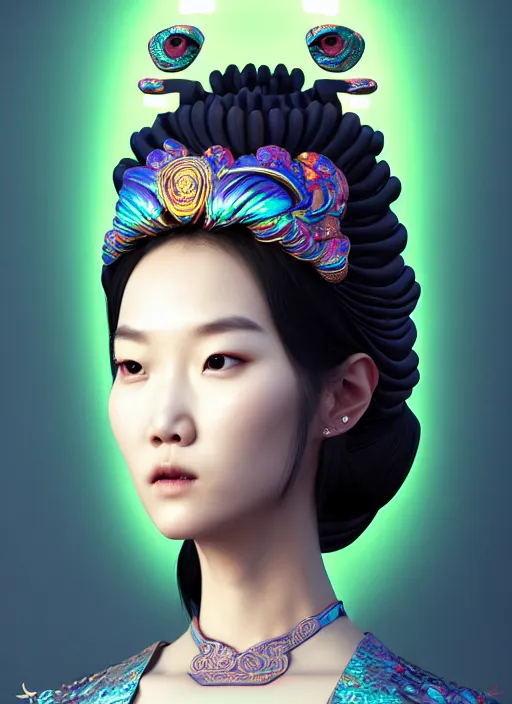 Image similar to 3 d goddess waist shot portrait. beautiful intricate highly detailed korean dokkaebi mask and traditional korean hanbok. stingray, magpie, bioluminescent, iridescent, plasma, lava, ice, water, wind, creature, key lighting, artwork by tooth wu and wlop and beeple and greg rutkowski, 8 k trending on artstation,