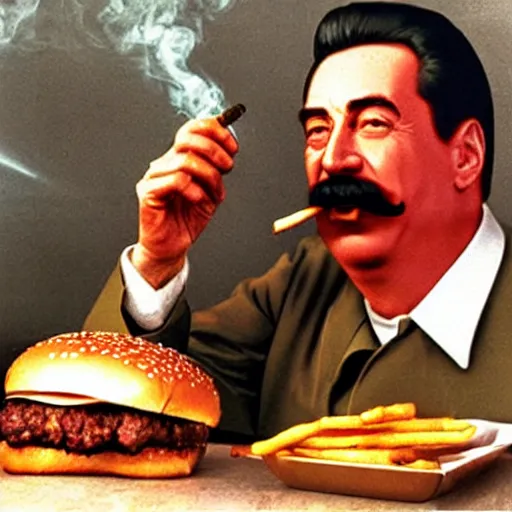 Image similar to stalin eats burger with ketchup while smoking cigar