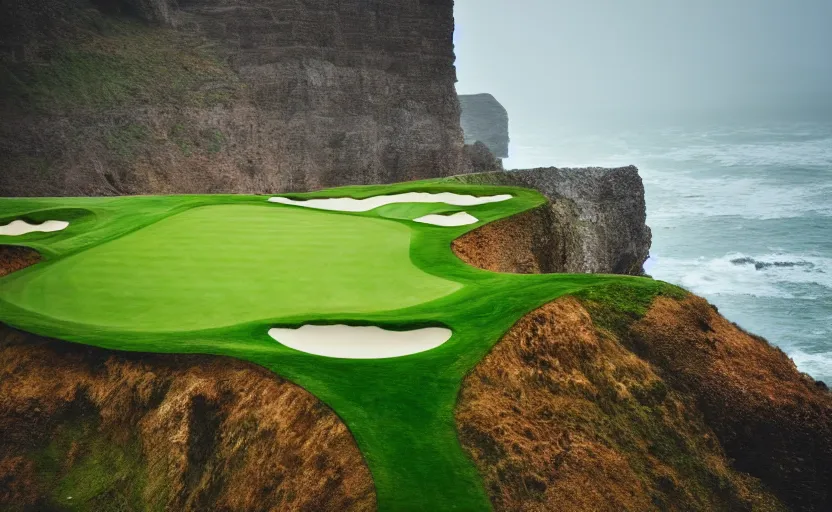 Image similar to a great photograph of the most amazing golf hole in the world, rainy day, cliffs by the sea, perfect green fairway, human perspective, ambient light, 5 0 mm, golf digest, top 1 0 0, fog