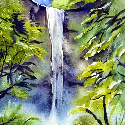 Prompt: watercolor painting of a waterfall in the forest