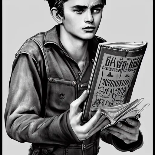 Prompt: a highly detailed epic cinematic concept art CG render digital painting artwork costume design: young James Dean as a well-kept neat anarchist rebel in 1950s USSR mechanic overalls and big boots, reading a book. By Greg Rutkowski, Ilya Kuvshinov, WLOP, Stanley Artgerm Lau, Ruan Jia and Fenghua Zhong, trending on ArtStation, subtle muted cinematic colors, made in Maya, Blender and Photoshop, octane render, excellent composition, cinematic atmosphere, dynamic dramatic cinematic lighting, aesthetic, very inspirational, arthouse