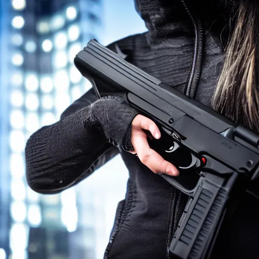 Image similar to photographic portrait of a techwear woman holding a Glock 18, closeup, on the rooftop of a futuristic city at night, sigma 85mm f/1.4, 4k, depth of field, high resolution, 4k, 8k, hd, full color