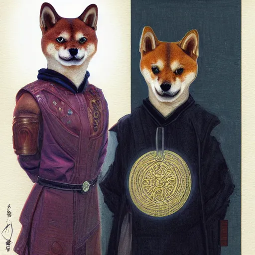 Image similar to lotus pose, anthropomorphic shiba inu, realistic scifi cyberpunk, wearing for man ukrainian traditional black vyshyvanka clothes, portrait art by donato giancola and greg rutkowski, realistic face, digital art, trending on artstation, symmetry