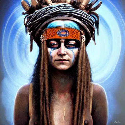 Image similar to A young blindfolded shaman woman with a decorated headband, in the style of heilung, blue hair dreadlocks and wood on her head., made by karol bak