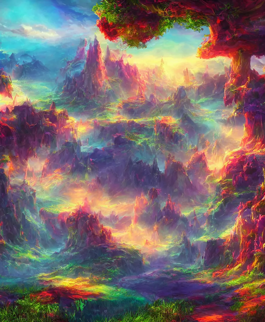 Image similar to concept art of a colorful fantasy landscape filled with magical elements