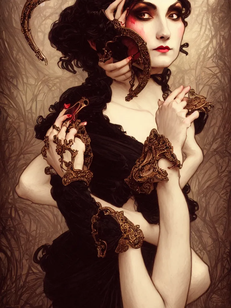 Prompt: elegant single victorian vampire holding a venetian mask on her hand, portrait, intricate, elegant, highly detailed, digital painting, artstation, occult symbols, ceremonial, enochean, mystical, concept art, rough, sharp focus, illustration, art by artgerm and greg rutkowski and alphonse mucha and cris ortega and serge birault