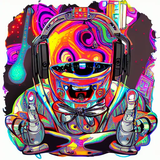 Image similar to artgerm, psychedelic laughing cybertronic robot, rocking out, headphones dj rave, digital artwork, r. crumb, svg vector