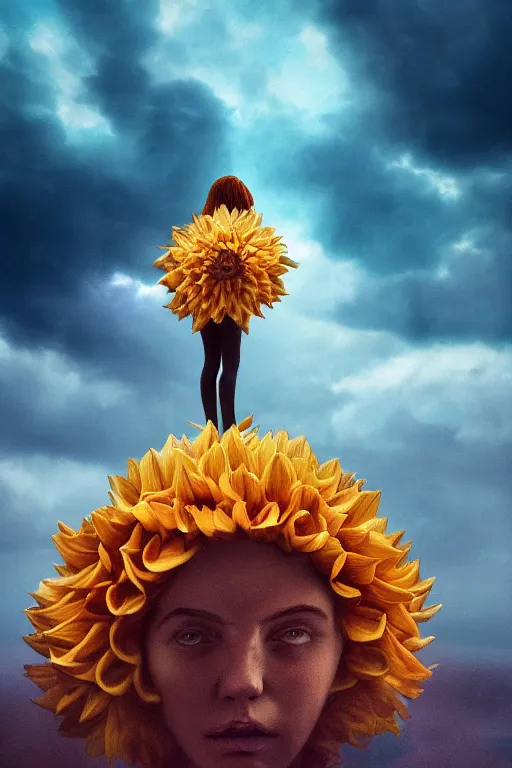 Image similar to closeup giant dahlia flower as head, girl standing on mountain, surreal photography, blue storm clouds, dramatic light, impressionist painting, digital painting, artstation, simon stalenhag