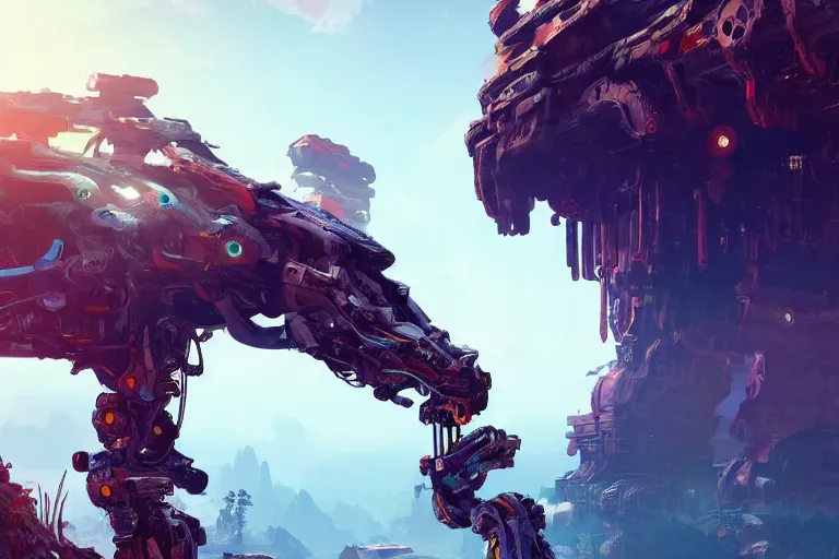 Image similar to snapmaw machine mecanical creature robot of horizon forbidden west horizon zero dawn radiating a glowing aura global illumination ray tracing hdr fanart arstation by ian pesty and alena aenami artworks in 4 k