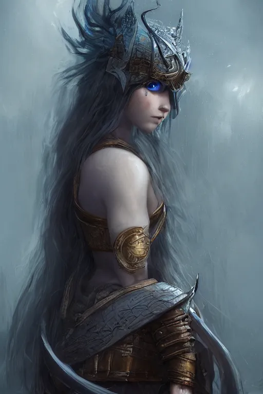 Prompt: vivid portrait of the young girl warrior with blue eyes, in style of Dark Souls 3 and Elden Ring, by Wlop, fantasy matte painting, golden ratio, trending on cgsociety, cinematic, highly detailed, trending on artstation, highly detailed, vibrant