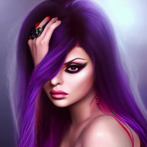 Image similar to portait of haifa wehbe, sadness look, long purple hair centred, hd, digital painting, unreal engine, final fantasy style, very beautifull face, amazing red orange background theme