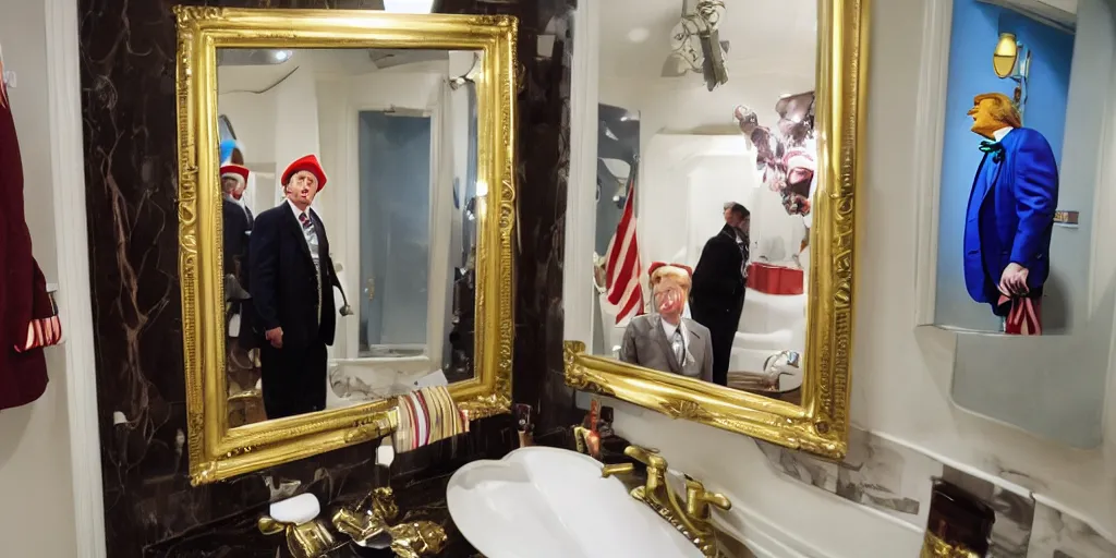 Image similar to ultra wide angle photo of donald trump dressed as willy wonka, from willy wonka and the chocolate factory, looking at himself in a bathroom mirror and seeing his reflection as an oompa loompa version of himself