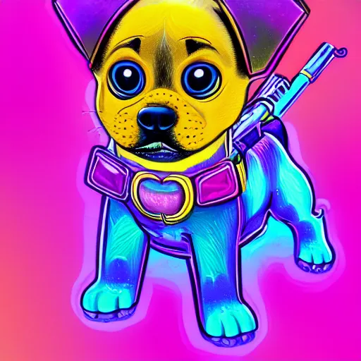 Image similar to portrait of a puppy with UV neon fur holding a gun, in style of Lisa Frank, Artgerm, WLOP, featured on Artstation, deviantart