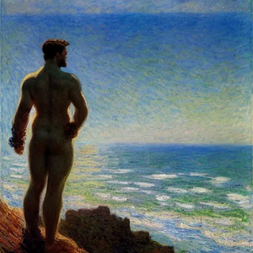 Image similar to a person standing on a cliff, looking out at the ocean, by gaston bussiere, craig mullins, j. c. leyendecker, claude monet