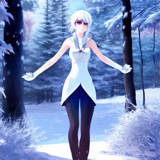 Prompt: realistic render of weiss schnee from rwby by ross draws, snowy forest background by ilya kuvshinov, digital anime art by ross tran, composition by sana takeda, lighting by greg rutkowski