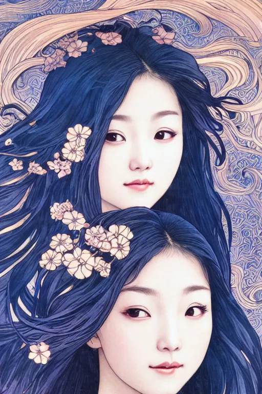 Image similar to beautiful young heroine portrait like twice tzuyu+happy+smoky eyes+front face with light flowing hair smiling, ultradetail face by tian zi and WLOP and alphonse mucha, great wave of hokusai, illustration, fantasy, acryllic spill, intricate complexity, chinese, goddess, holy, divine, rule of thirds, fantasy character concept, watermark, blurry, 8k