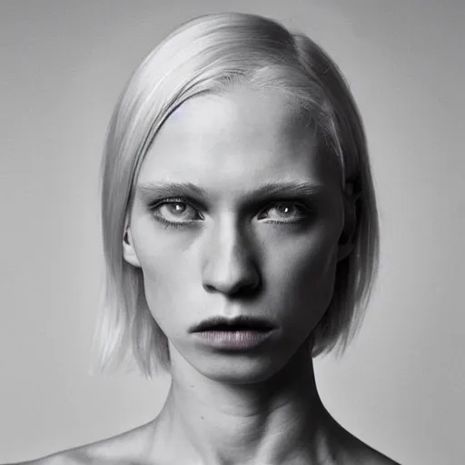 Image similar to portrait photograph of a full platinum blond woman, staring intensely, pale skin, by kyle thompson, realistic, high detail, high quality, trending on pinteresst