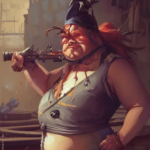 Image similar to post apocalyptic fat pirate chef, highly detailed, digital painting, artstation, concept art, smooth, sharp focus, illustration, ArtStation, art by artgerm and greg rutkowski and Hikari Shimoda and Edmund Blair Leighton and Charlie Bowater