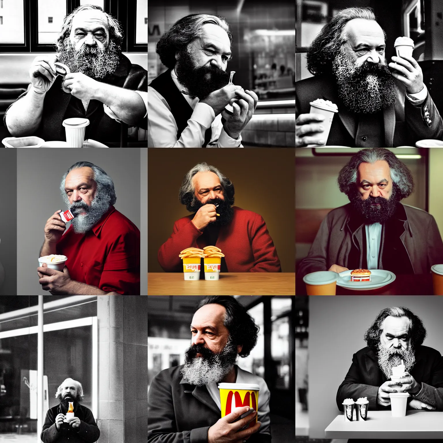 Prompt: portrait photography of karl marx eating at mcdonalds, drinking coke. dramatic lighting, vogue, modelsociety, lightroom, 4 k.