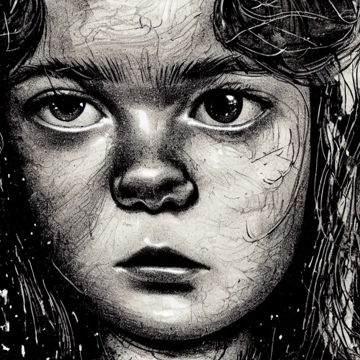 Image similar to extreme close - up on sadie sink as a miner : eating. background : black tiles on walls. black and white, pencil and ink. by gabriel hardman, joe alves, chris bonura. cinematic atmosphere, detailed and intricate, perfect anatomy