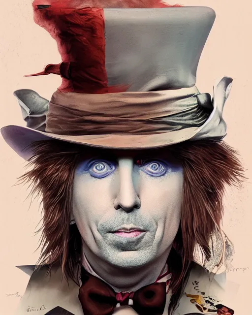 Image similar to tom petty as the mad hatter, contrast, kim jung gi, greg rutkowski, zabrocki, karlkka, jayison devadas, trending on artstation, 8 k, ultra wide angle, zenith view, pincushion lens effect