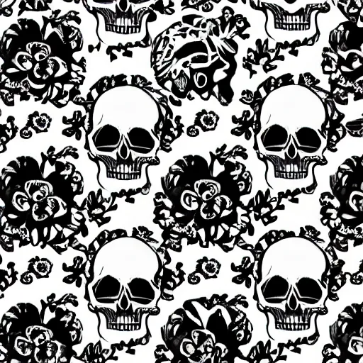 Prompt: flowers and skulls black and white detailed pattern by ghibli