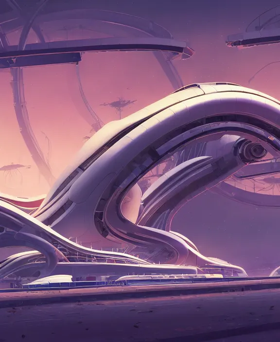 Prompt: simplicity, elegance, a roller coaster made out of simple organic forms, in the style of a streamlined asymmetrical spaceship, bleak apocalyptic environment, by dan mumford, yusuke murata, makoto shinkai, ross tran, cinematic, unreal engine, cel shaded, featured on artstation, pixiv